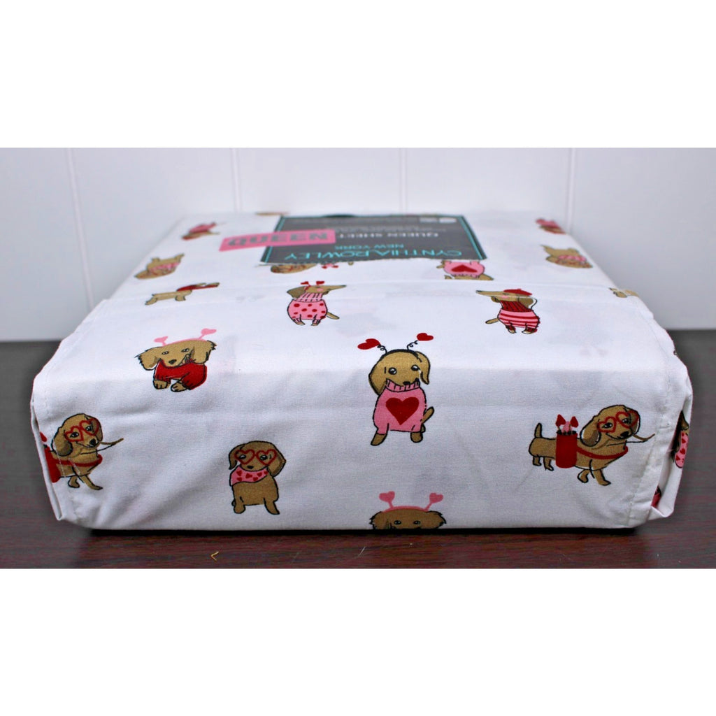 CYNTHIA ROWLEY Queen Sheet Set Weenie Dogs Valentines Hearts DACHSHUND