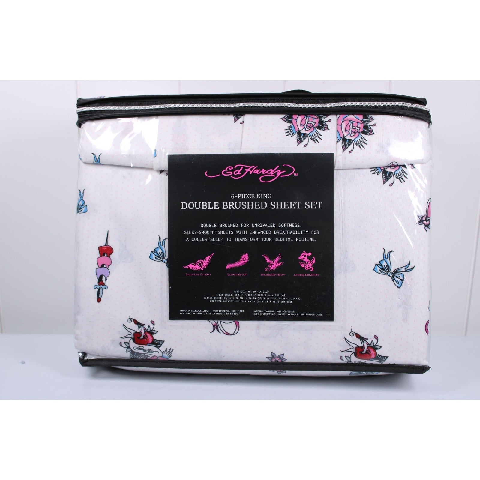 Ed Hardy KING 6pc Sheet Set with 4 Pillowcases Skulls, Bows, Roses, Hearts print