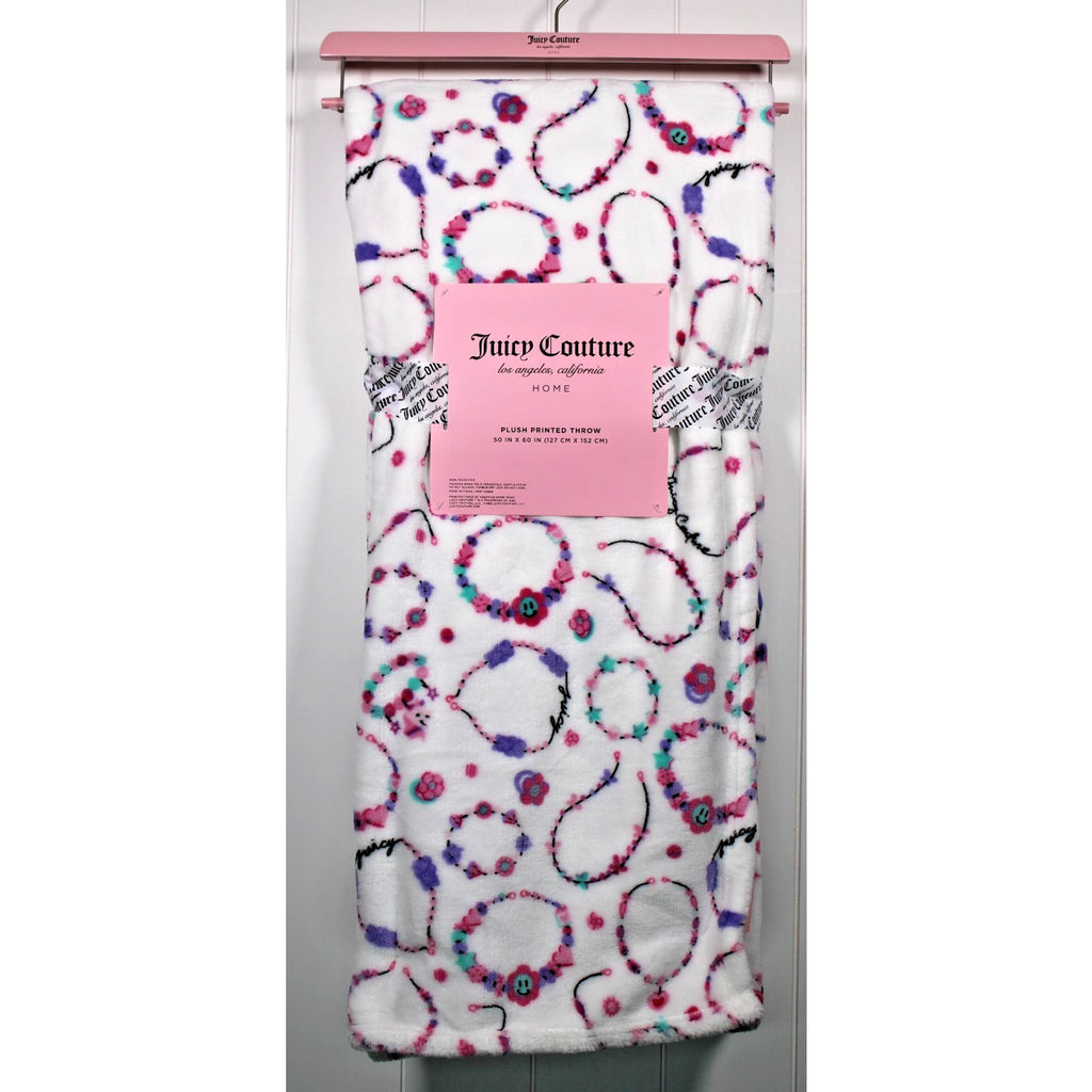 Juicy Couture Plush Throw Blanket 50"x60” Bracelet Juicy Print Pink White Soft