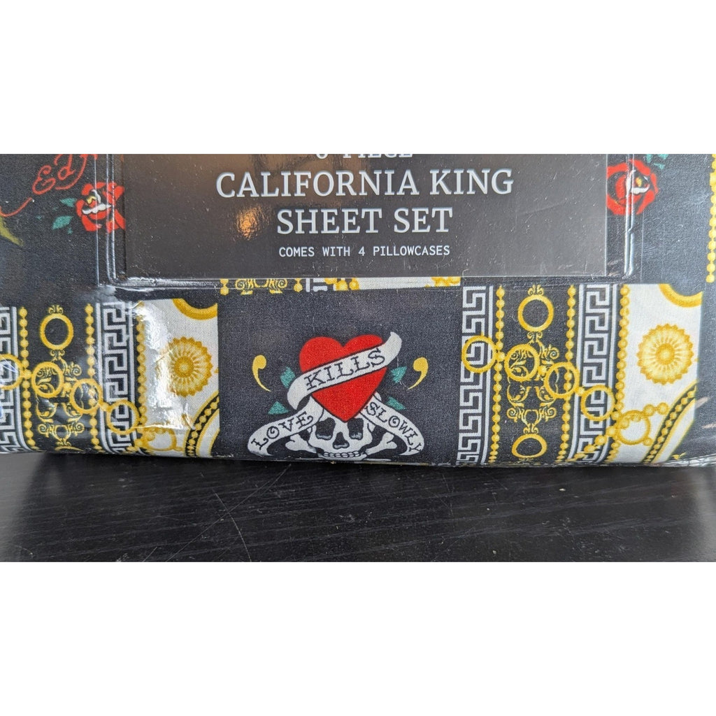 Ed Hardy Black 6 pc Cal King Sheet Set Hearts, Skulls, Roses, w/4 Pillowcases