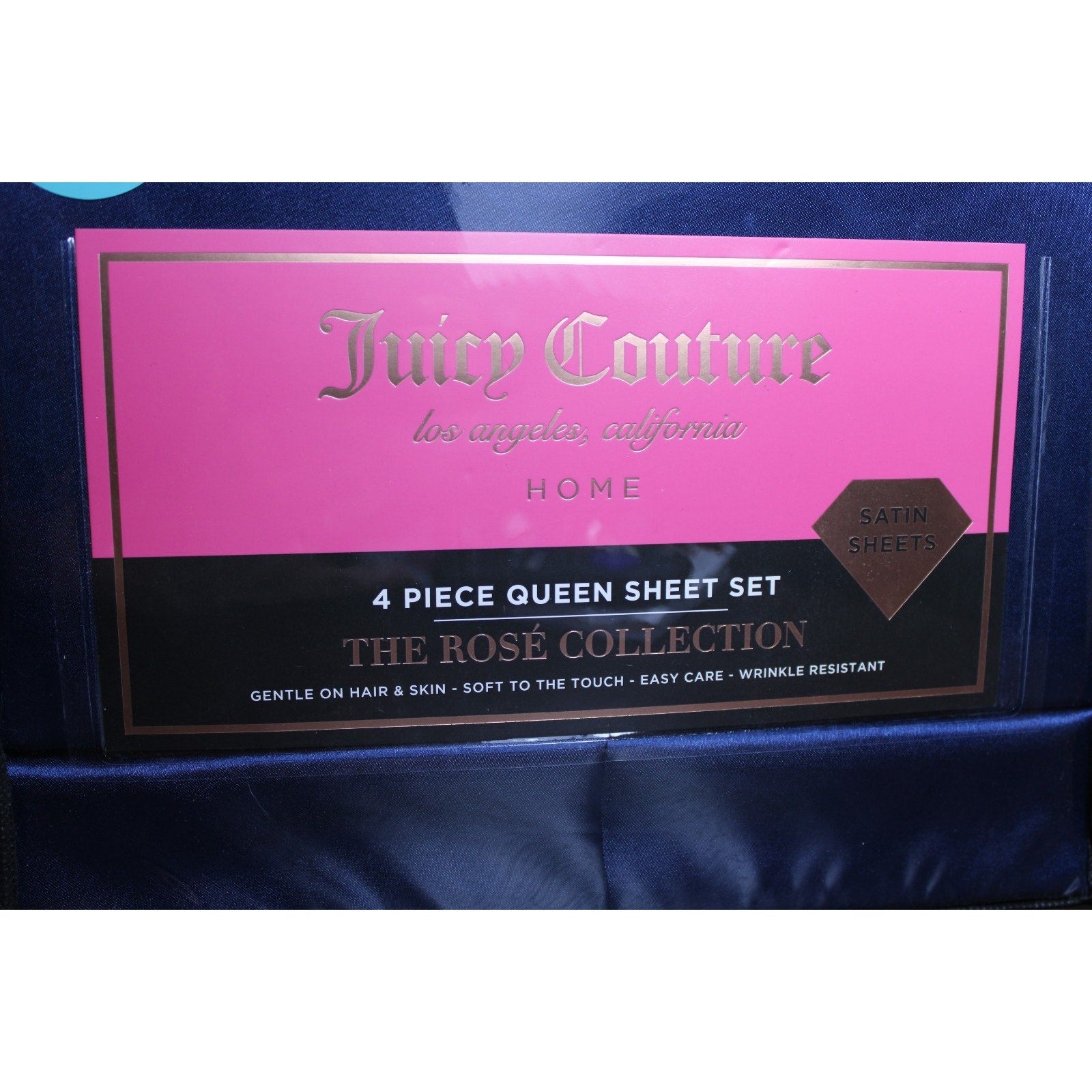 Juicy Couture Royal Blue Satin 4pc QUEEN Sheet Set Easy Care Soft Sleek Smooth