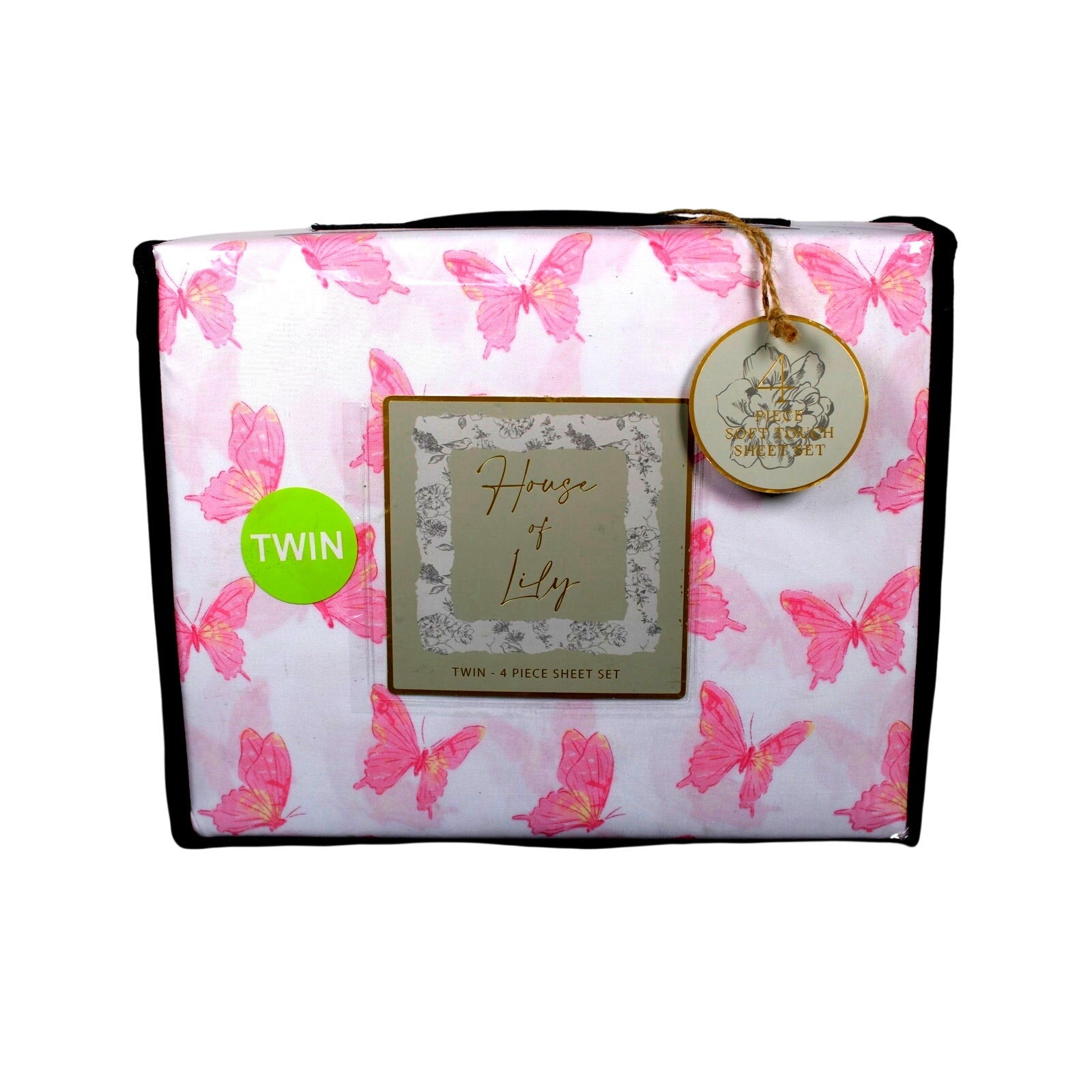 House Of Lily ~ Twin 4 Pc. Sheet Set - With Pink Butterflies 100% Polyester