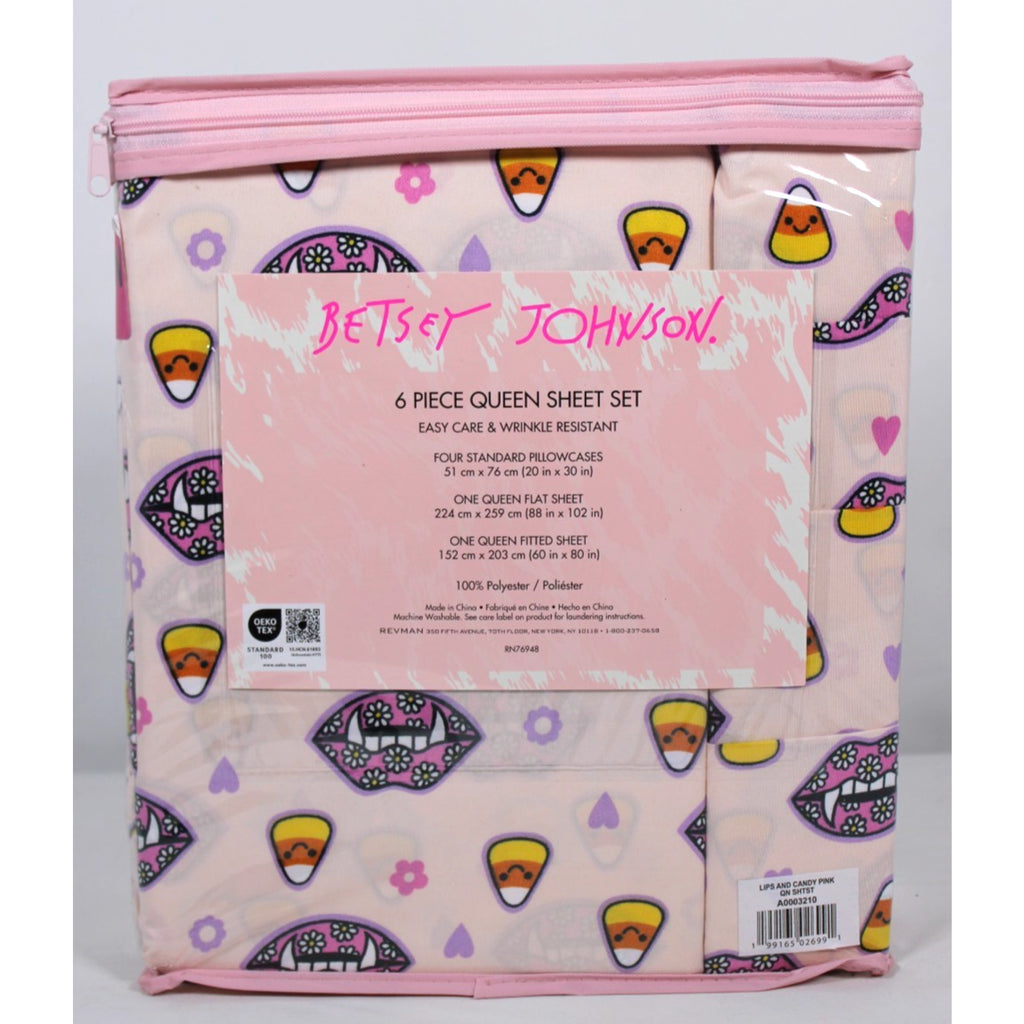 Betsey Johnson 6 Piece Pink - Candy Corn Hearts Fangs QUEEN Sheet Set Halloween