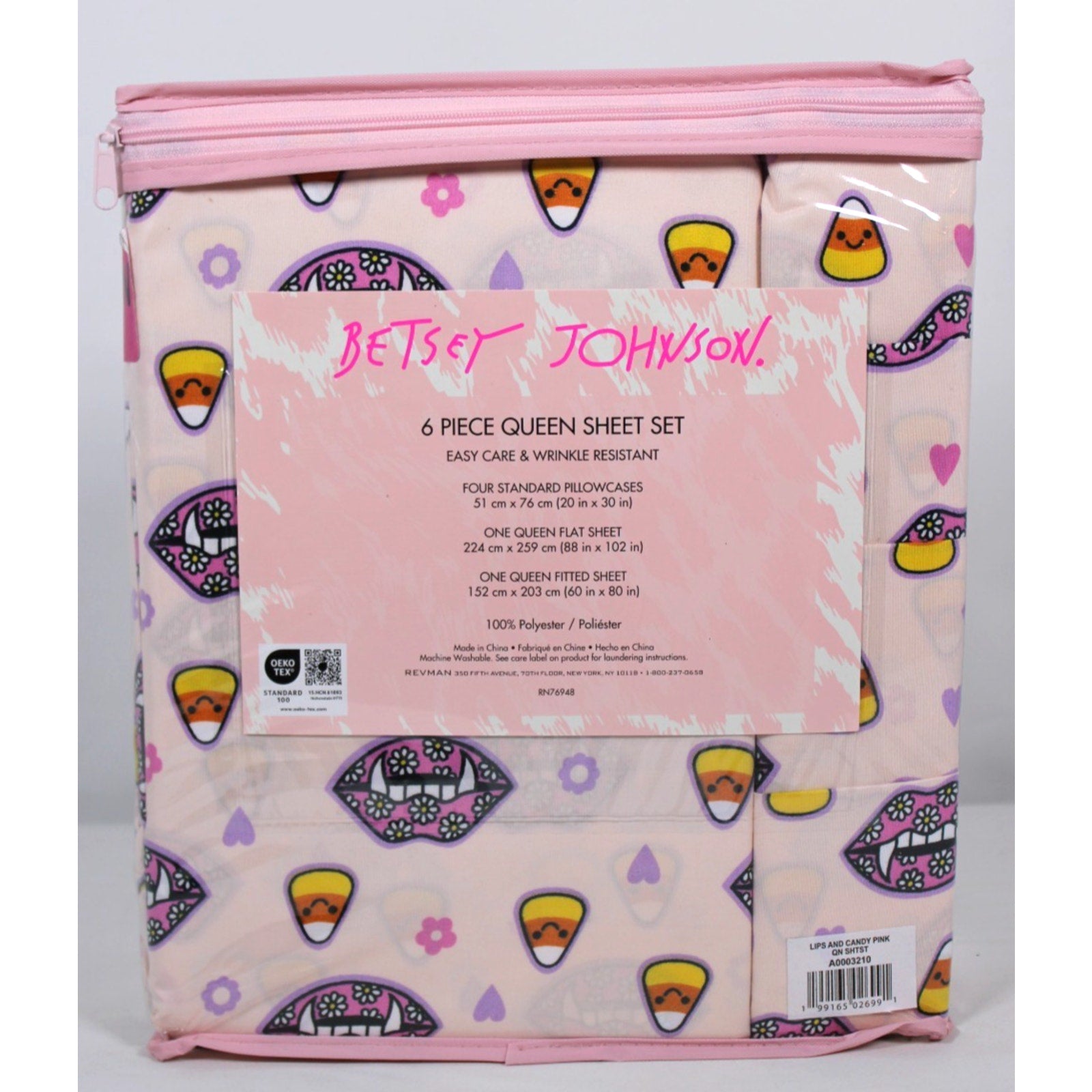 Betsey Johnson 6 Piece Pink - Candy Corn Hearts Fangs QUEEN Sheet Set Halloween