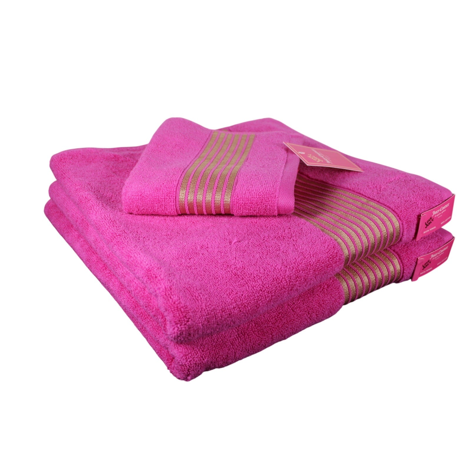 Juicy Couture Towels Pink With Gold Stripes 3psc. 2 Towels, 1 Hand Towel