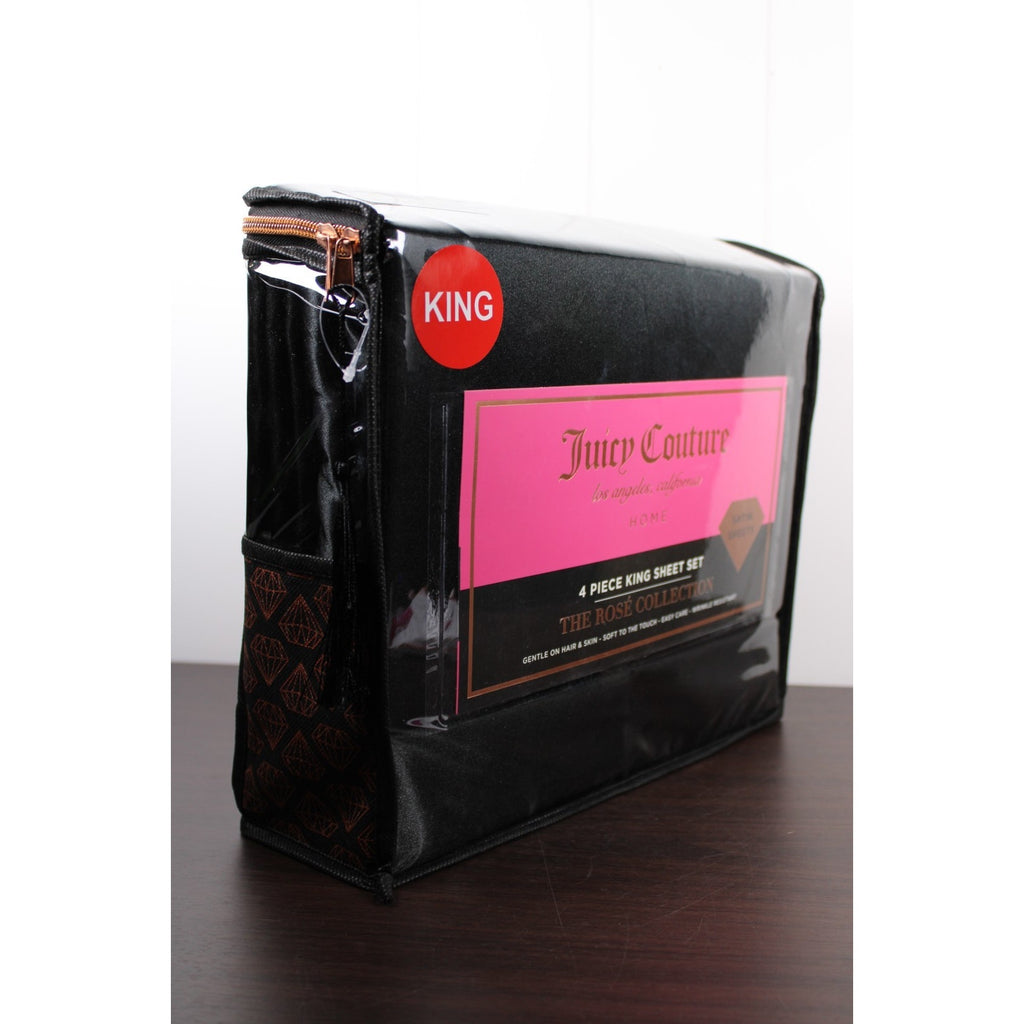 Juicy Couture Black Satin 4pc KING Sheet Set Easy Care Soft Sleek Smooth