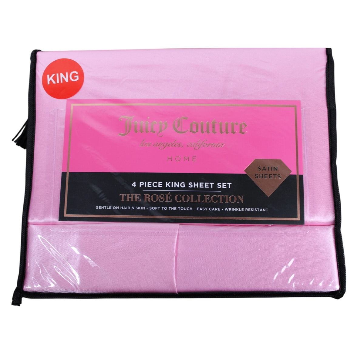 Juicy Couture Juicy Pink Satin 4pc KING Sheet Set Easy Care Soft Sleek Smooth