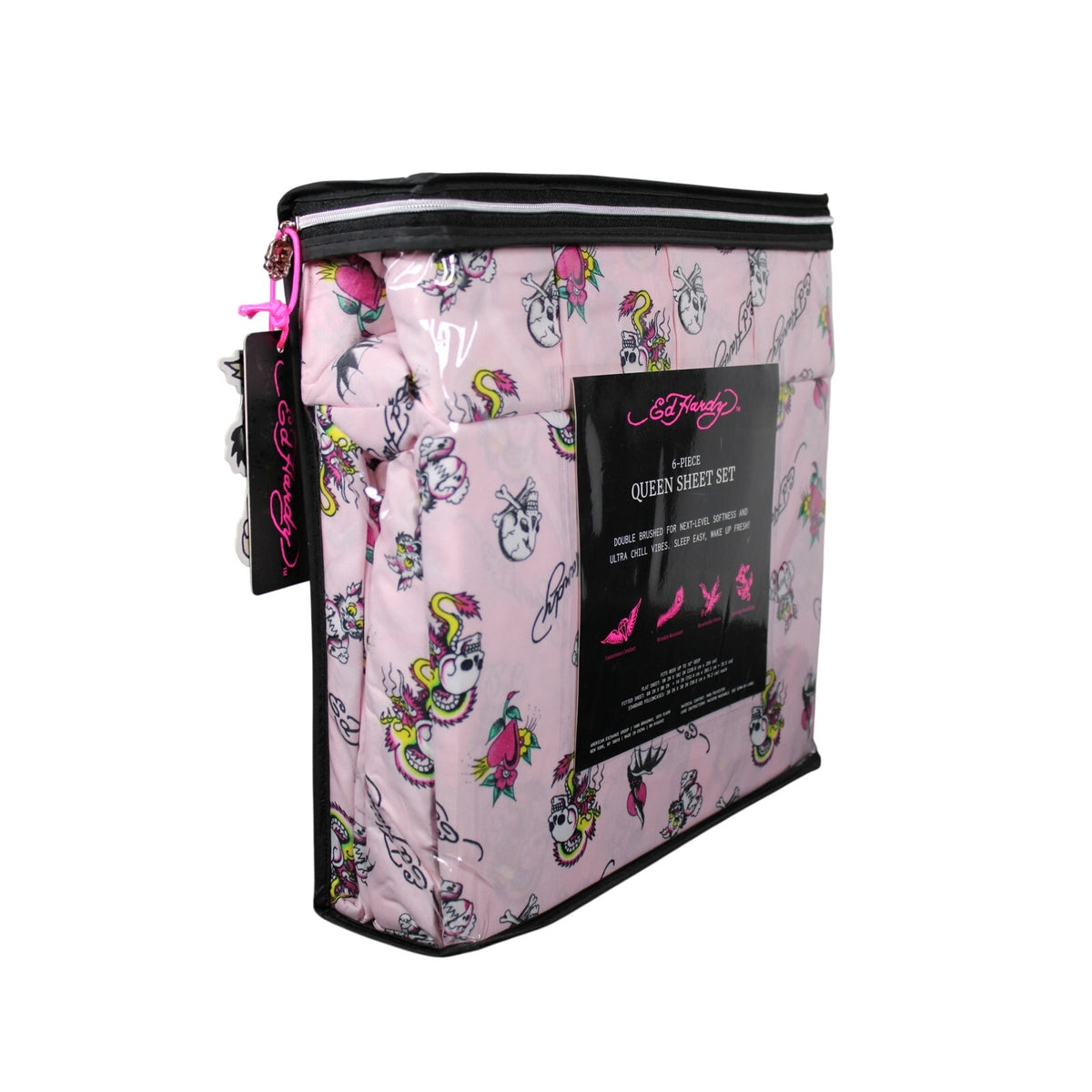 Ed Hardy with Skulls, Bats, Bunnies, Hearts, Flowers  6pc Queen Pink Sheet Set