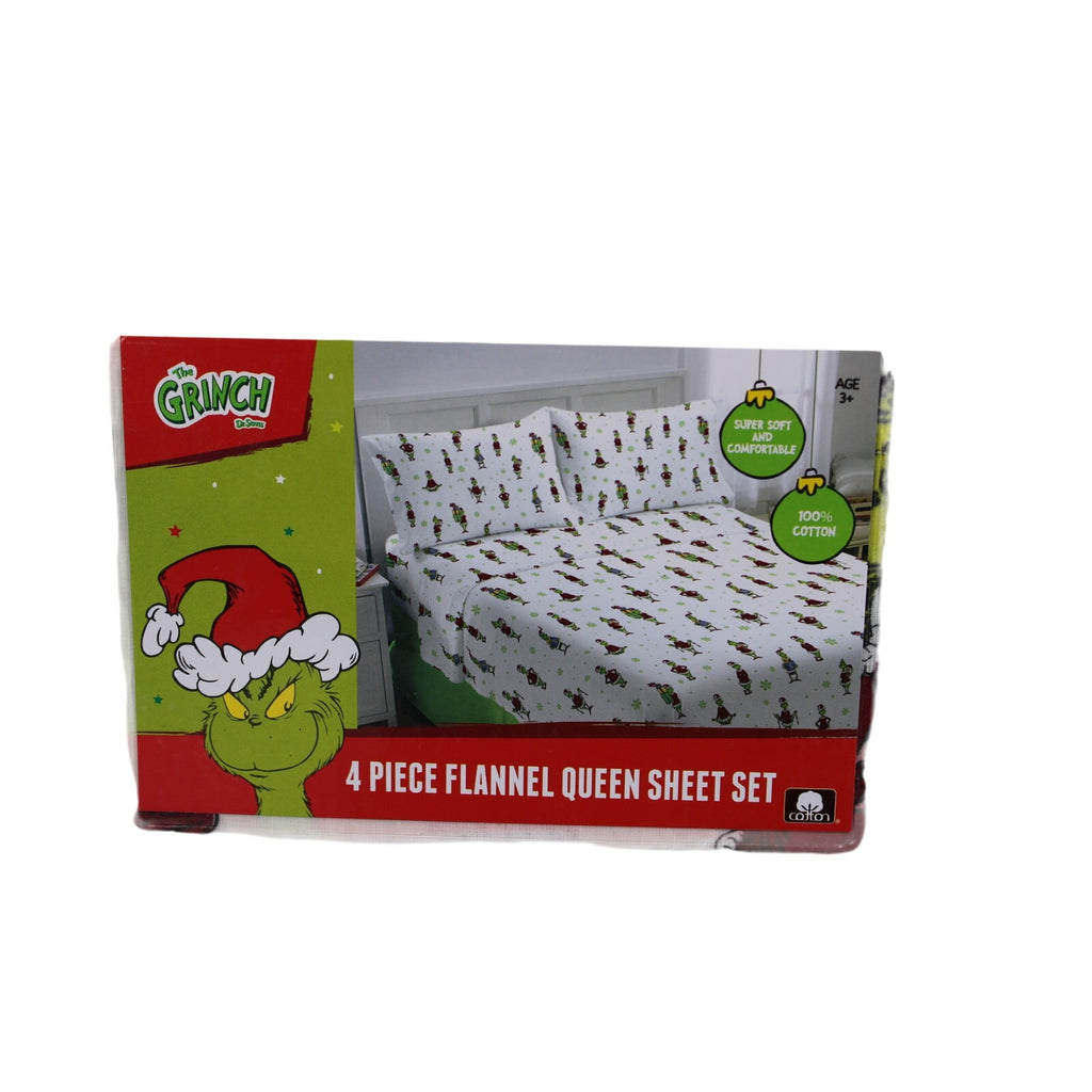 New Dr. Seuss Grinch 4 piece Queen Flannel Sheet Set - Holiday Fun