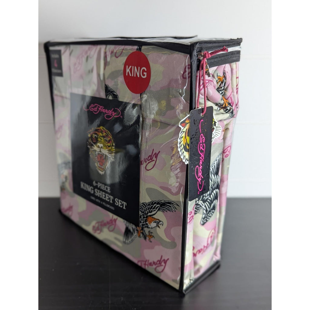 Ed Hardy 6-pc King Sheet Set w/4 Pillowcases Eagle, Black Tiger - NEW