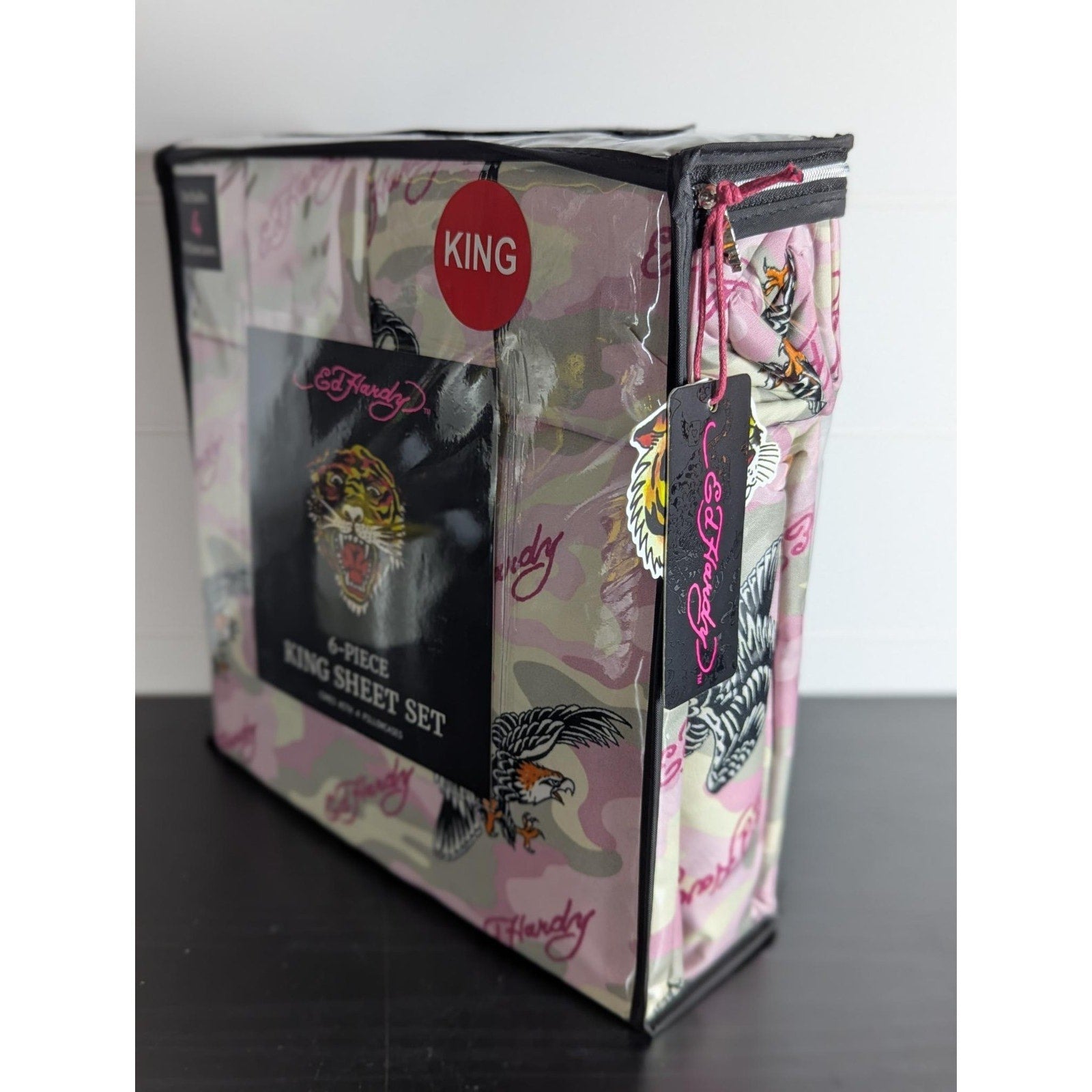 Ed Hardy 6-pc King Sheet Set w/4 Pillowcases Eagle, Black Tiger - NEW