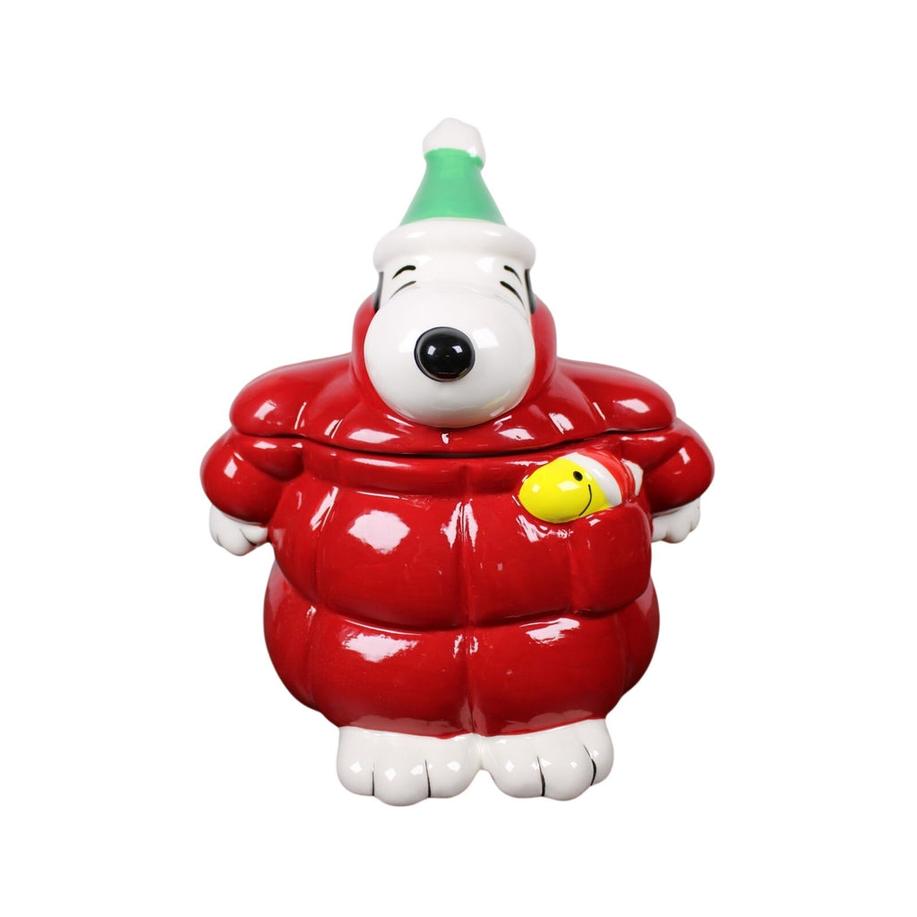 NEW Peanuts Snoopy Red Puffer Jacket Woodstock Cookie Jar Canister Christmas