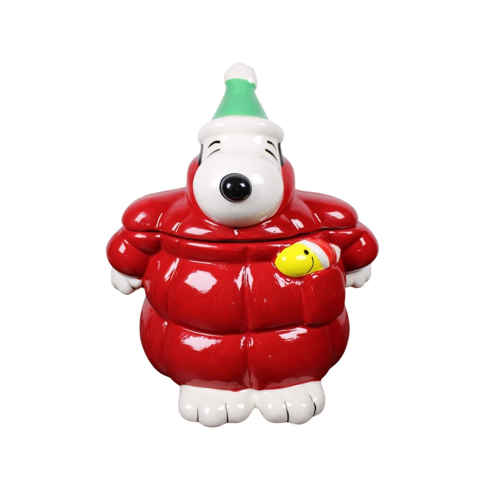 NEW Peanuts Snoopy Red Puffer Jacket Woodstock Cookie Jar Canister Christmas