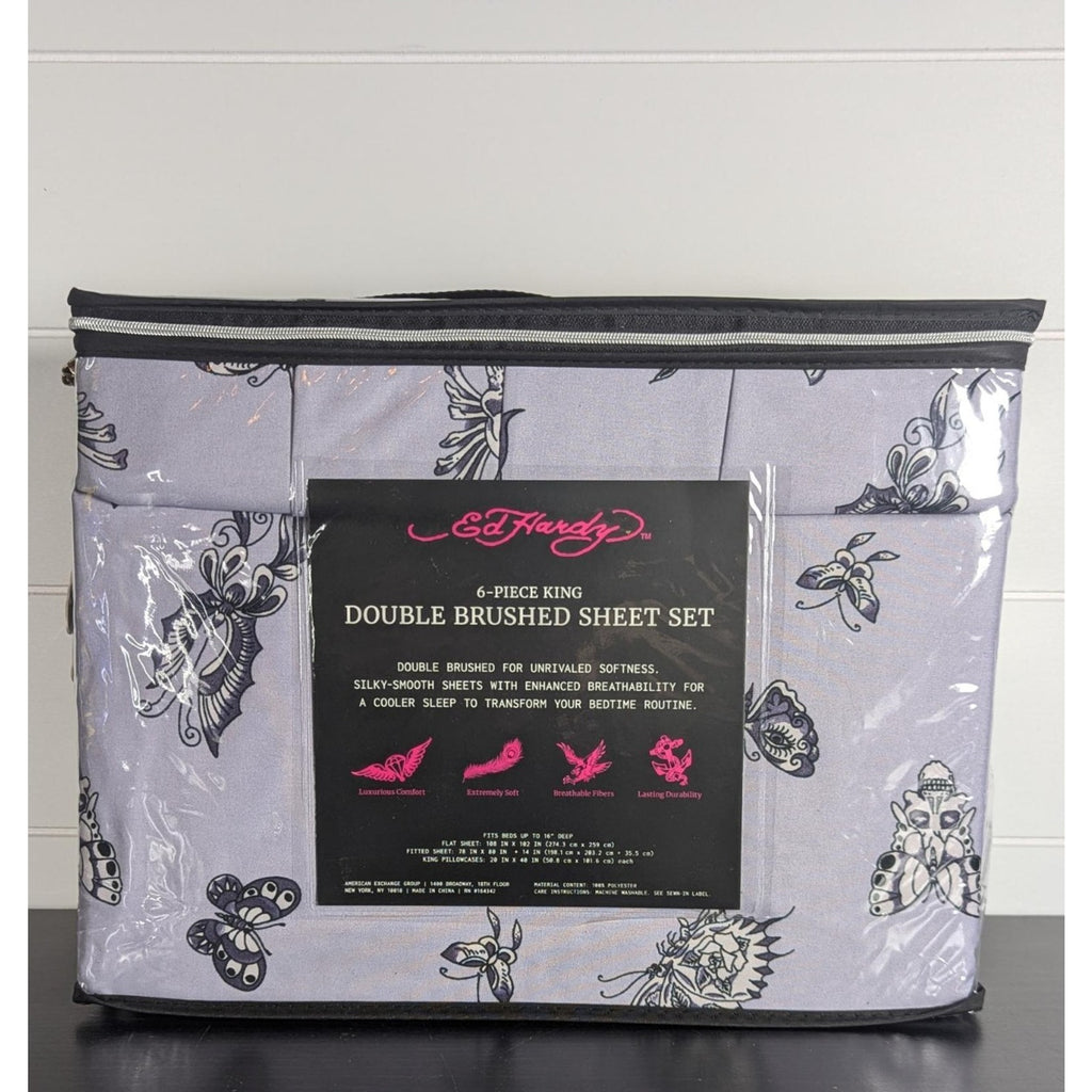 Ed Hardy 6-pc King Sheet Set w/4 Pillowcases, Skulls, Butterflies, Lavender NEW