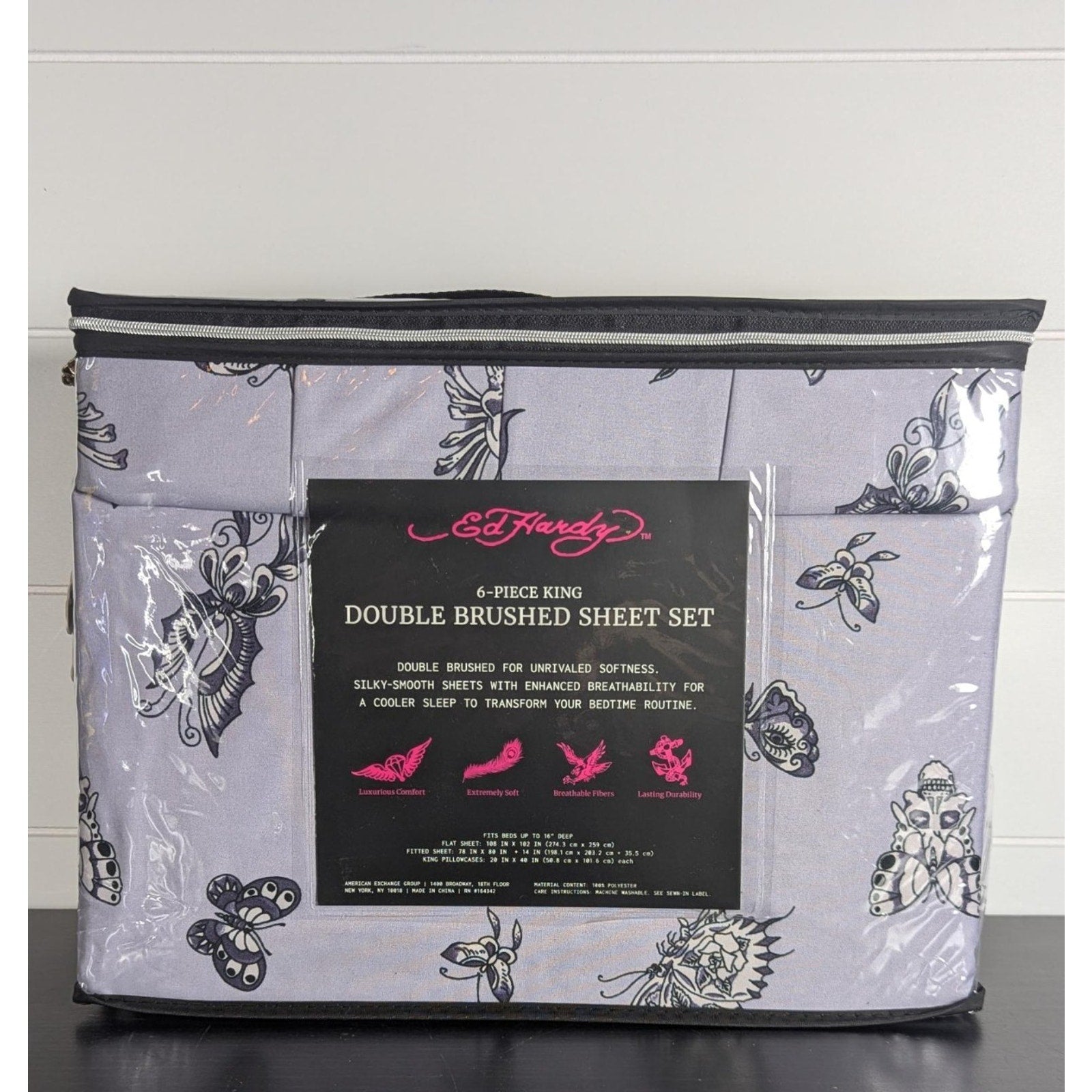 Ed Hardy 6-pc King Sheet Set w/4 Pillowcases, Skulls, Butterflies, Lavender NEW