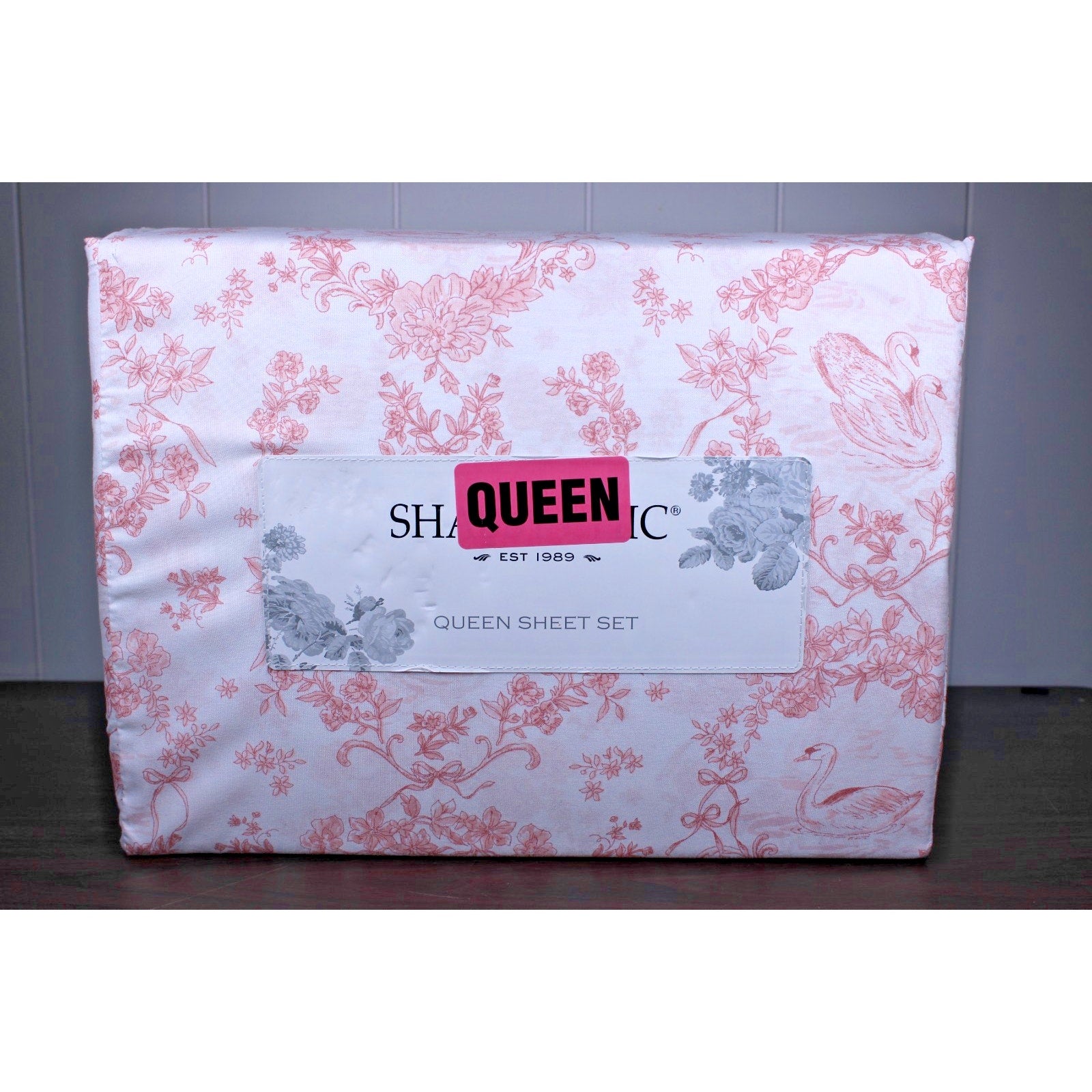 Shabby Chic Queen Sheet Set Swan Floral Coral Pink White Toile Vintage Inspired