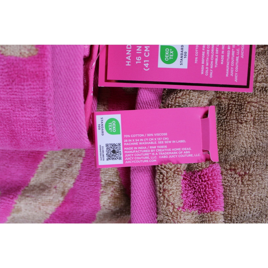 JUICY COUTURE 2psc. PINK FUCHSIA GOLD BOW TIE COTTON VISCOSE Soft 1 BATH 1 HAND TOWEL
