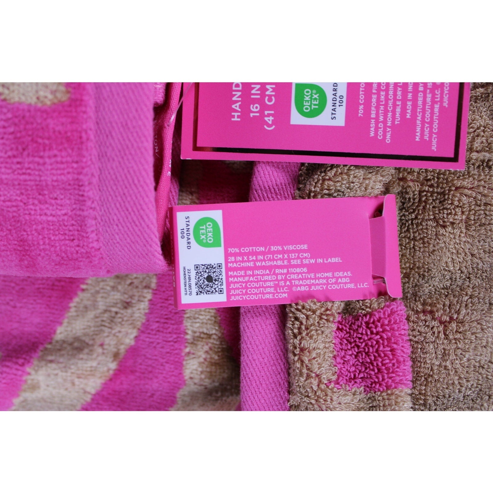 JUICY COUTURE 2psc. PINK FUCHSIA GOLD BOW TIE COTTON VISCOSE Soft 1 BATH 1 HAND TOWEL