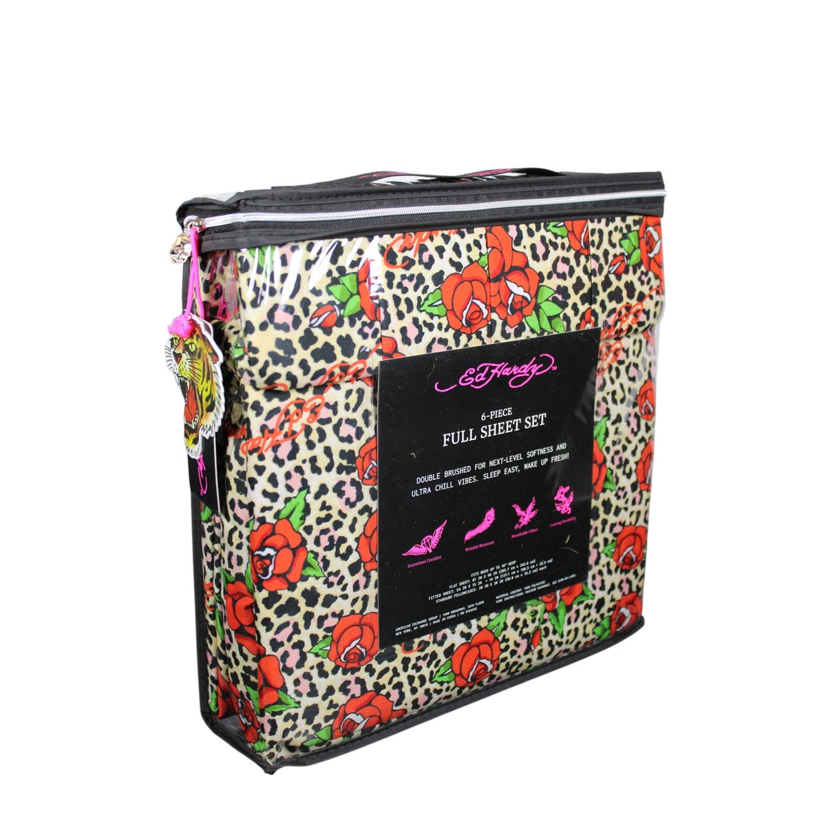 Ed Hardy Leopard Print with Red Roses & Logos 6pc FULL Sheet Set w/4 Pillowcases