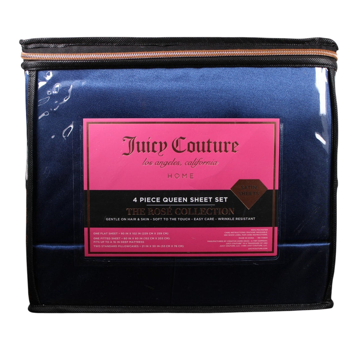 Juicy Couture Royal Blue Satin 4pc QUEEN Sheet Set Easy Care Soft Sleek Smooth