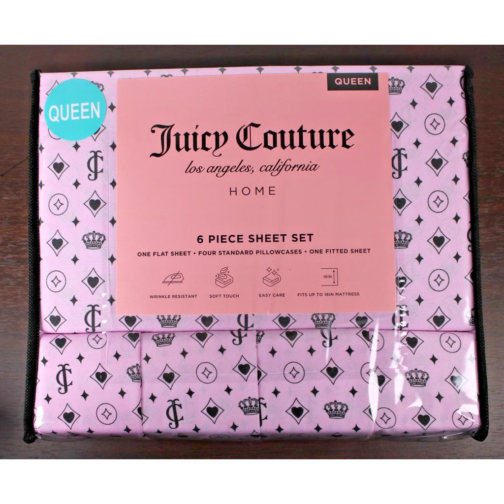 Juicy Couture Queen 6 pc Bed Sheet Set JC Logo Crown Heart Diamond Print
