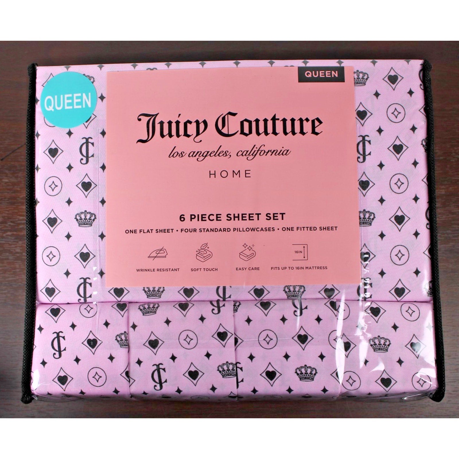 Juicy Couture Queen 6 pc Bed Sheet Set JC Logo Crown Heart Diamond Print
