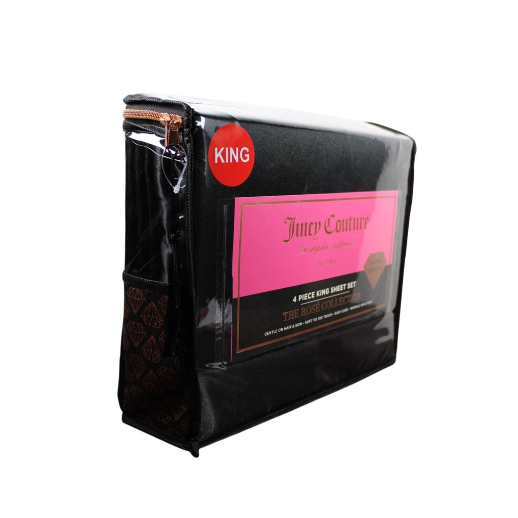 Juicy Couture Black Satin 4pc KING Sheet Set Easy Care Soft Sleek Smooth