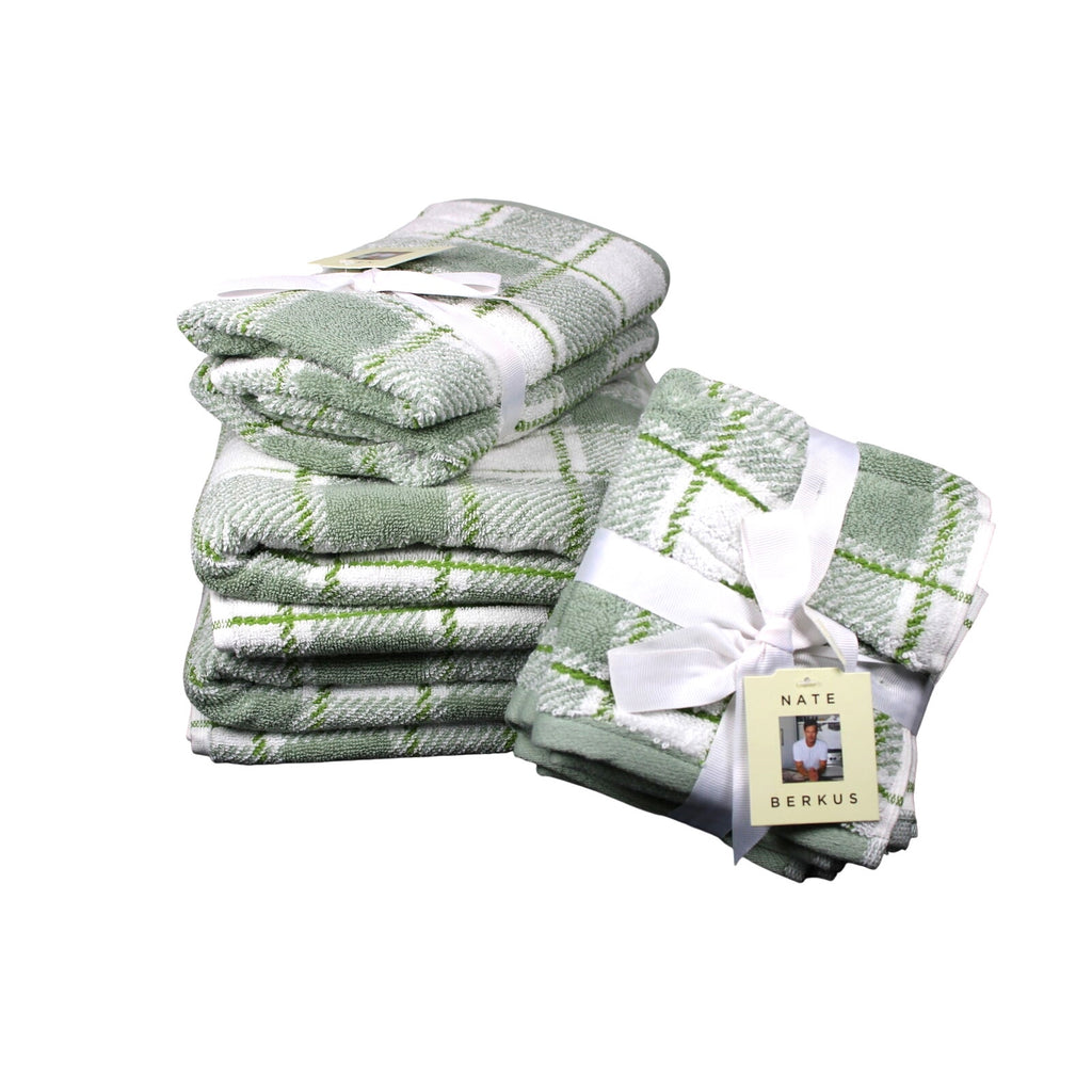 NATE BERKUS 8pc Bath Towel Set Green Plaid 100% Cotton Bath, Hand & Washcloths