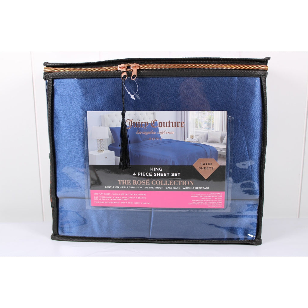 JUICY COUTURE 4-Piece Blue Satin Sheet Set - King Size - The Rosé Collection