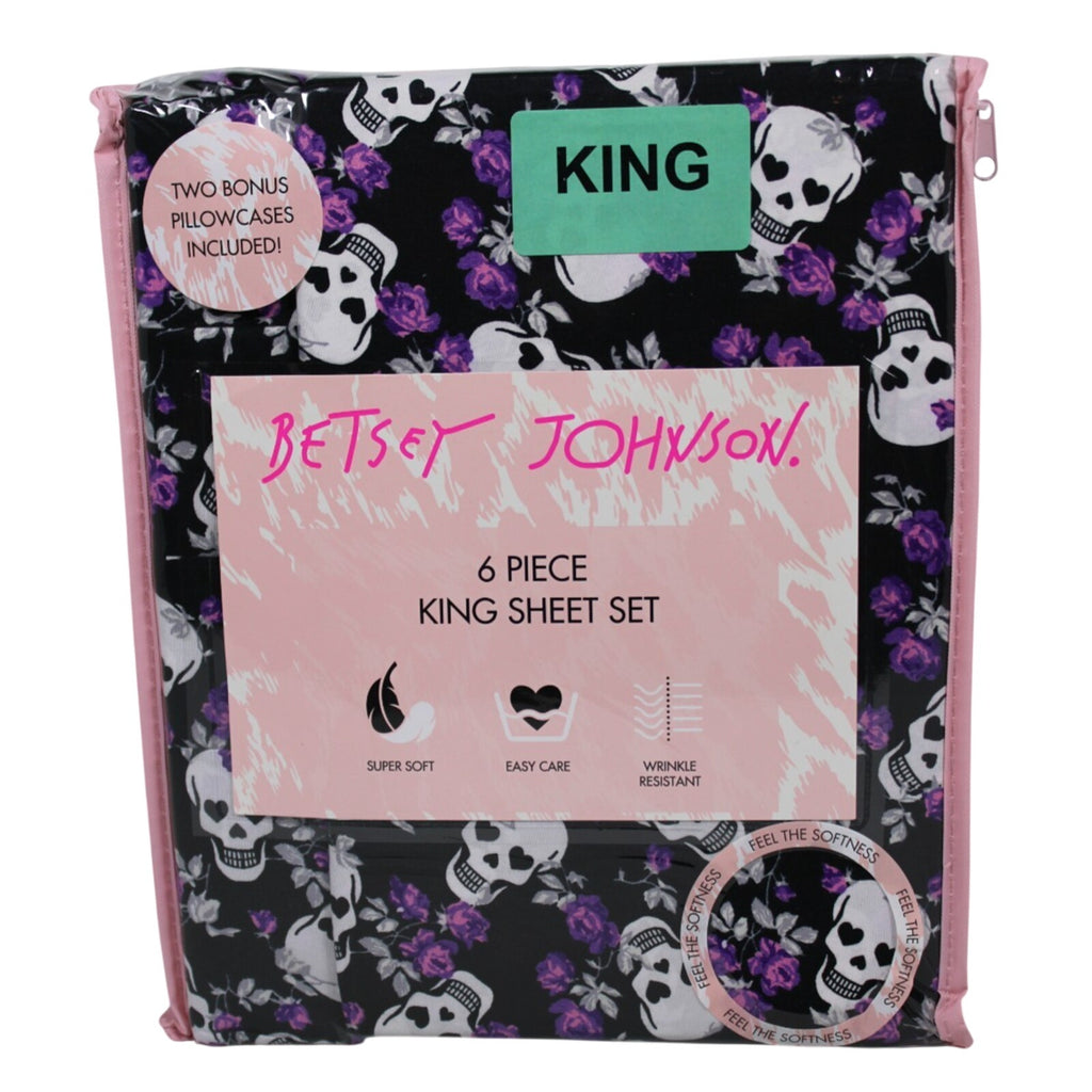 Betsey Johnson Skull Purple Roses 6PC King Sheet Set New