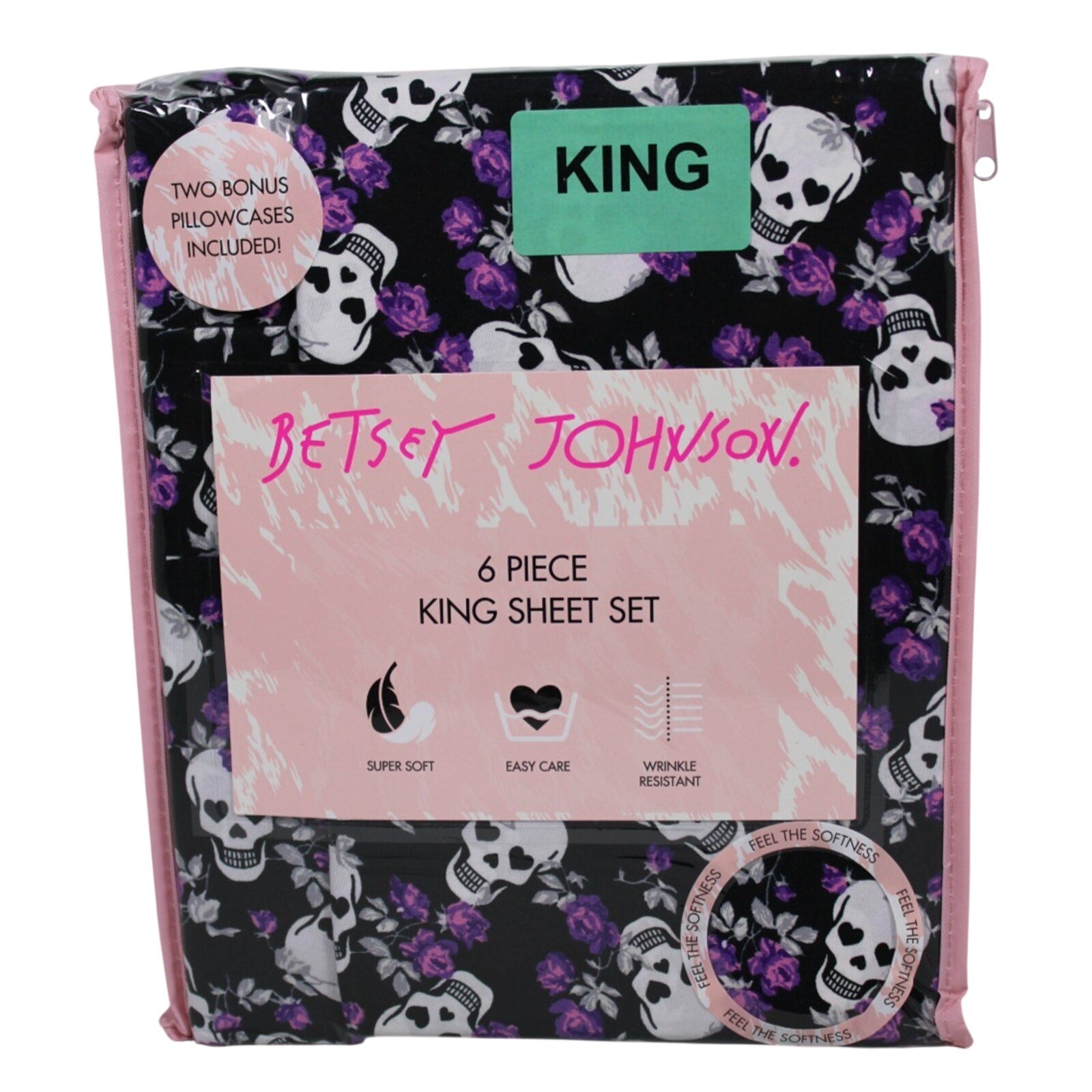 Betsey Johnson Skull Purple Roses 6PC King Sheet Set New