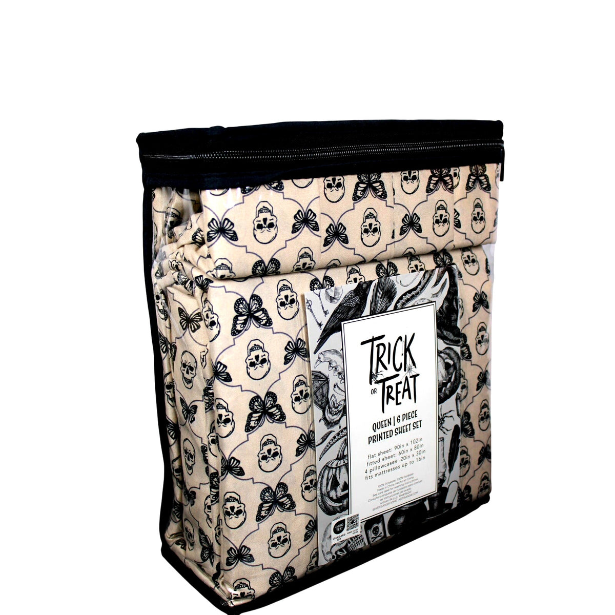 Halloween Gothic Style Queen 6pc Sheets Set Tan Black Skulls Butterflies Lattice