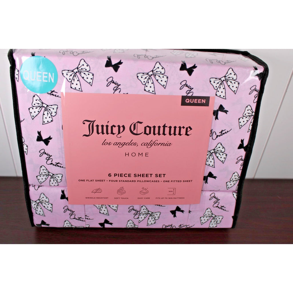 Juicy Couture Queen 6 pc Bed Sheet Set Pink & Black Polka Dot Bows