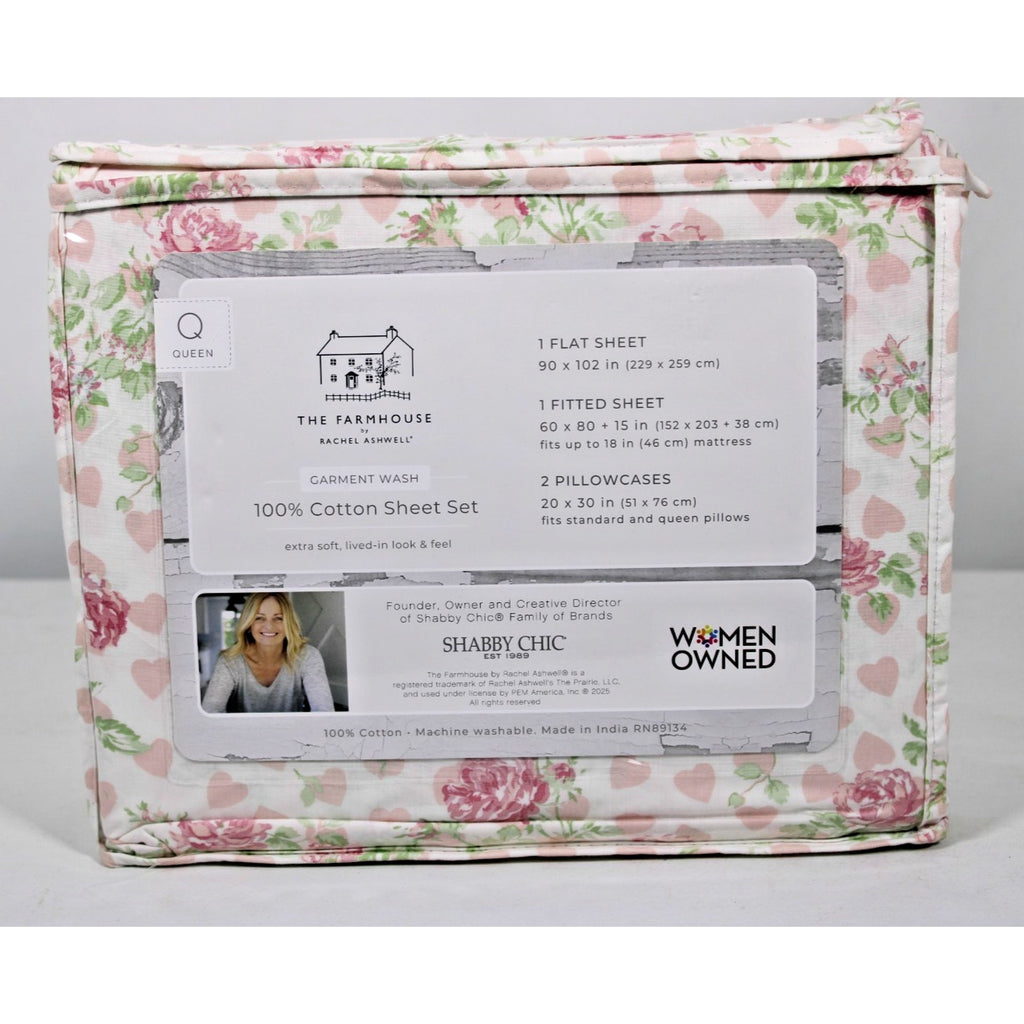 THE FARMHOUSE Rachel Ashwell 4 Pcs. White/Pink Queen Sheet Set Roses & Hearts