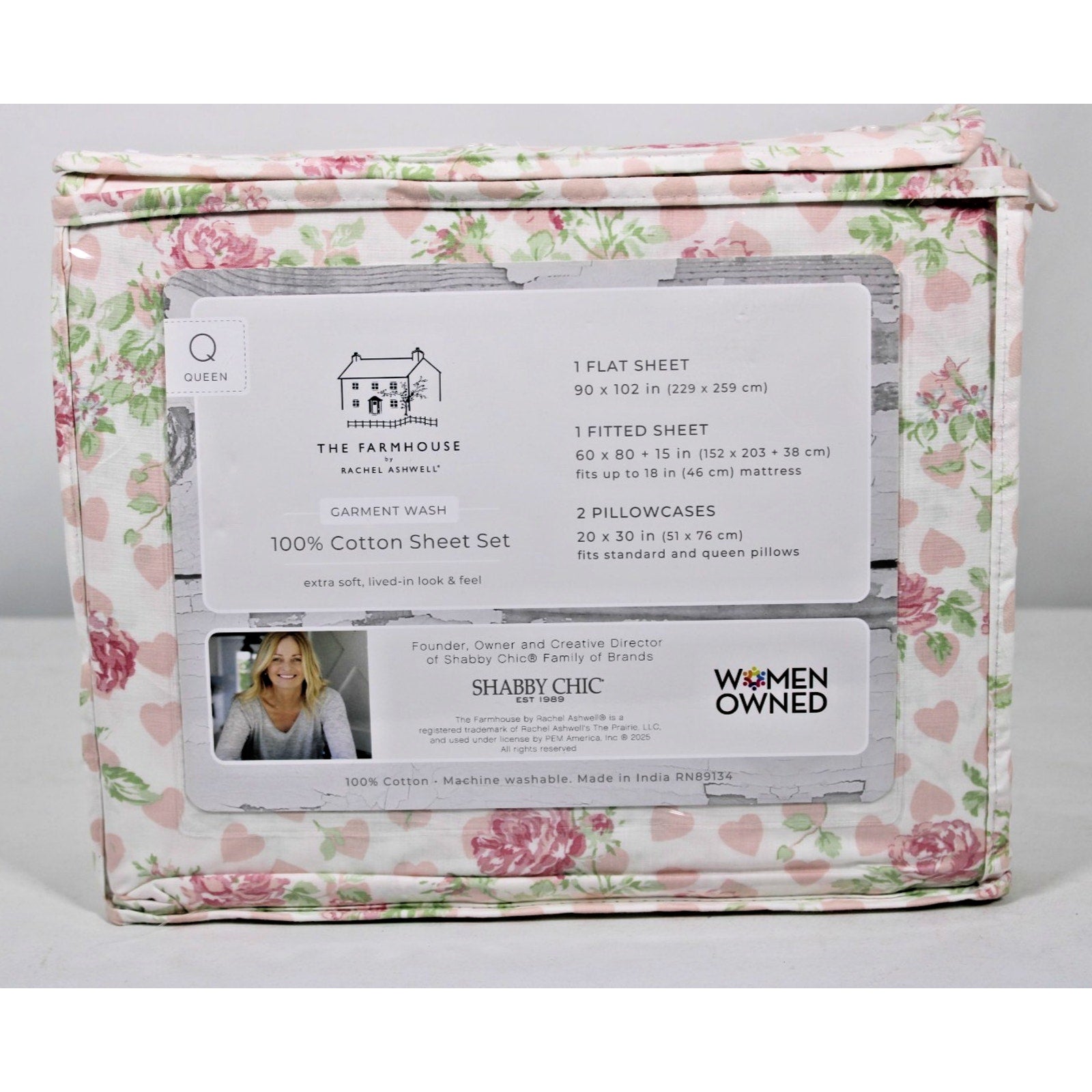 THE FARMHOUSE Rachel Ashwell 4 Pcs. White/Pink Queen Sheet Set Roses & Hearts