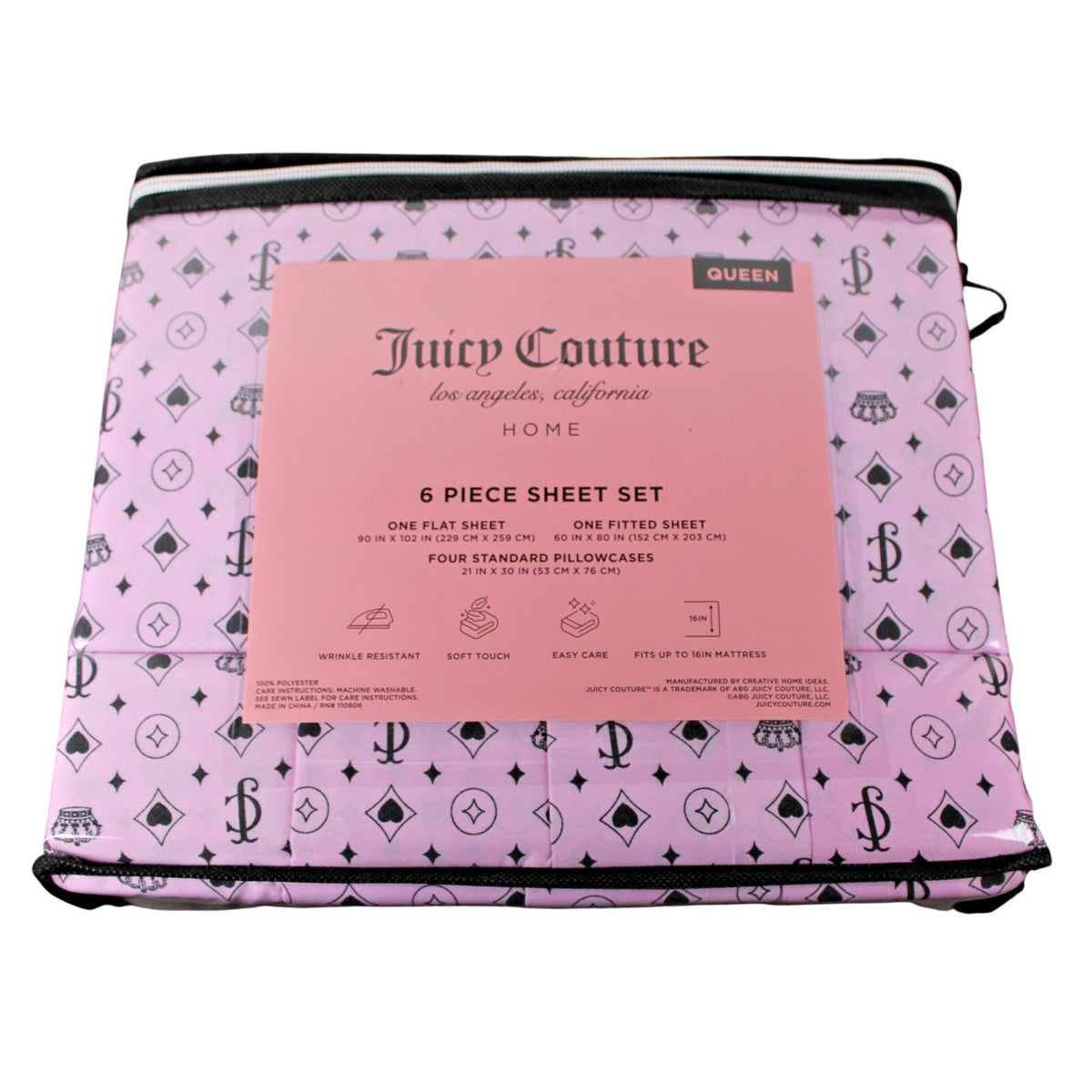 Juicy Couture Queen 6 pc Bed Sheet Set JC Logo Crown Heart Diamond Print