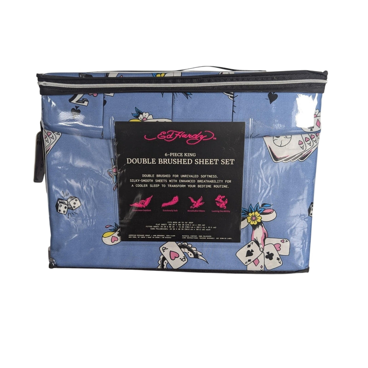 Ed Hardy 6-pc King Sheet Set w/4 Pillowcases, Playing Cards, Dice, Hearts NEW