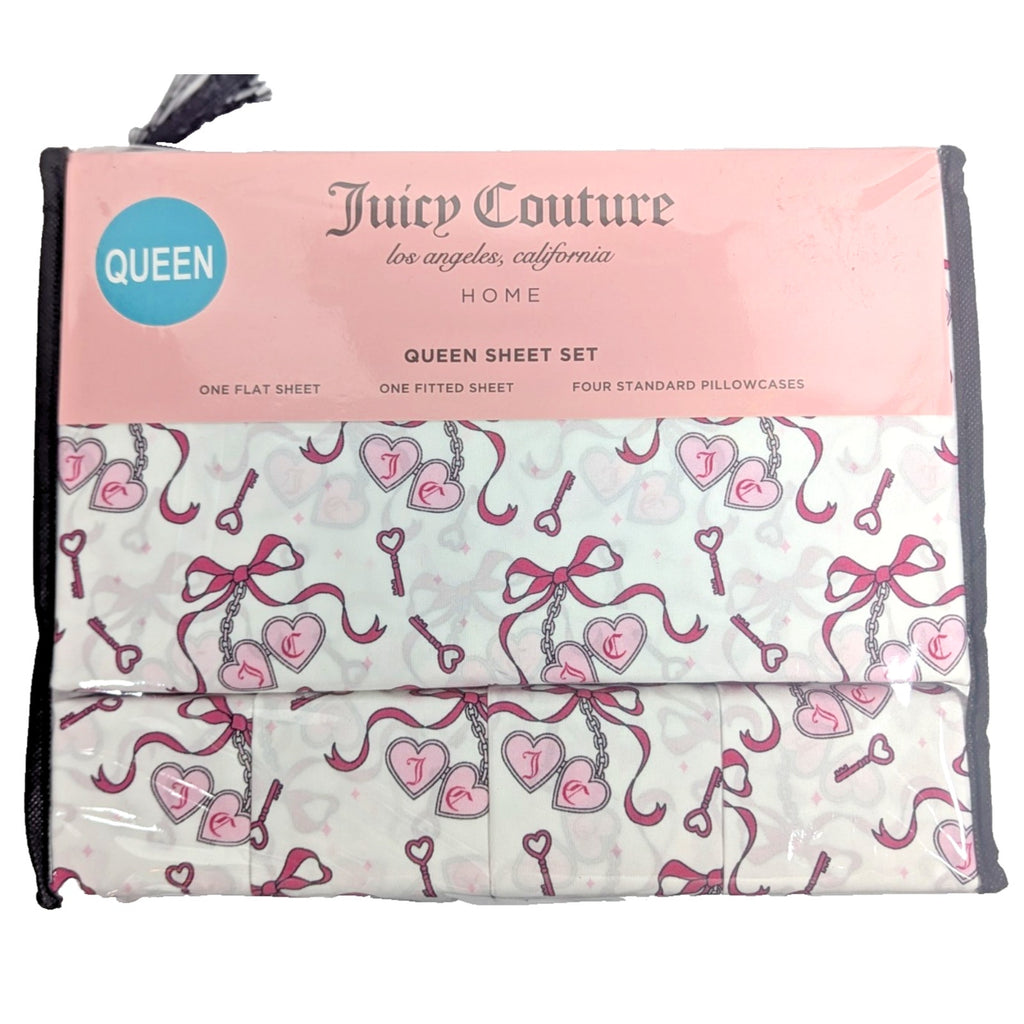 Juicy Couture Queen 6psc Bed Sheet Set Bows, Keys and Hearts Heart