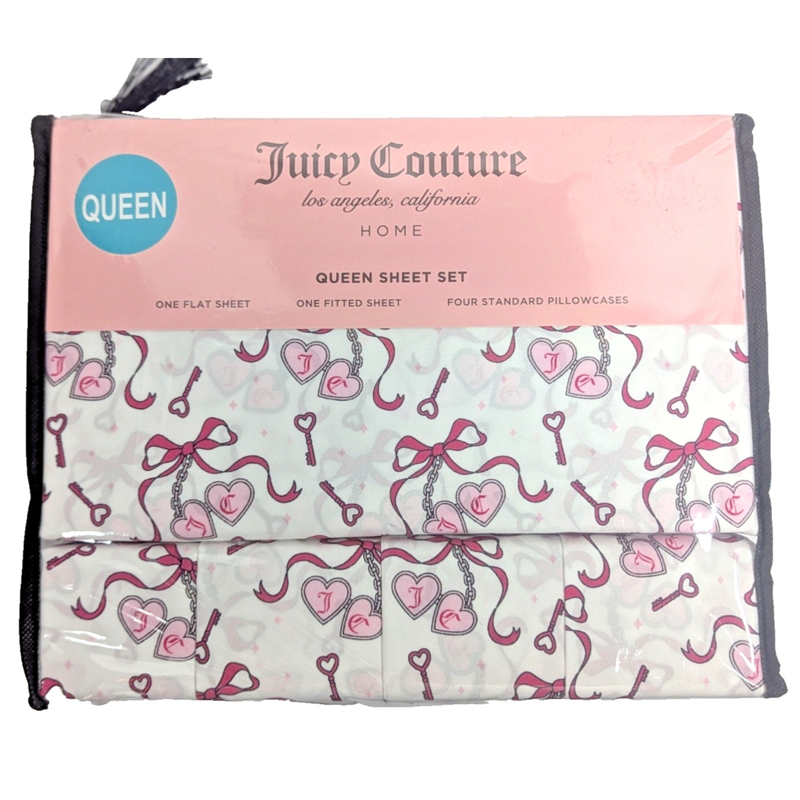 Juicy Couture Queen 6psc Bed Sheet Set Bows, Keys and Hearts Heart