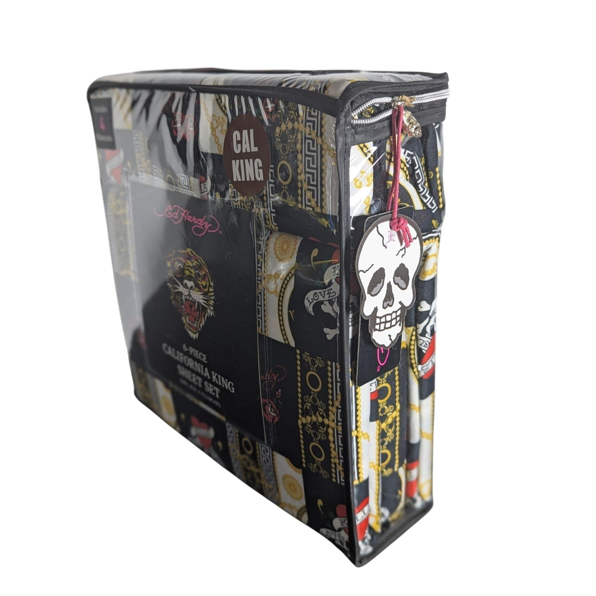 Ed Hardy Black 6 pc Cal King Sheet Set Hearts, Skulls, Roses, w/4 Pillowcases