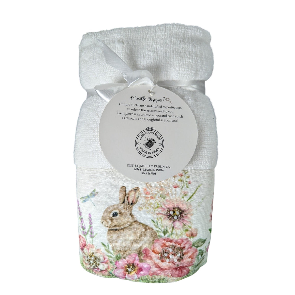 Easter Blessing Beaded Bunny Floral Hand Towels Set of 2, 16x28" 100% Cotton