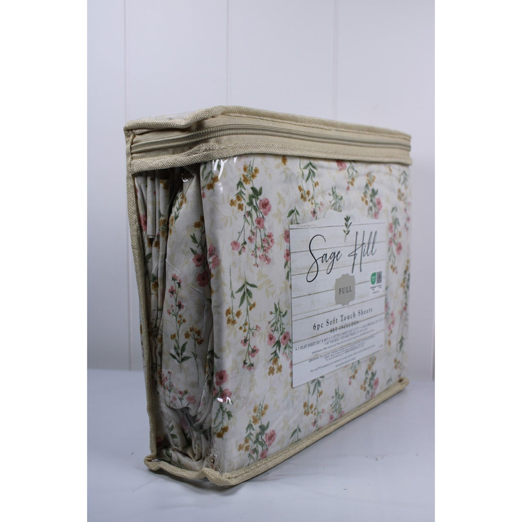 Sage Hill Full Light Tan Sheet Set 6 Piece Soft Touch Floral Print