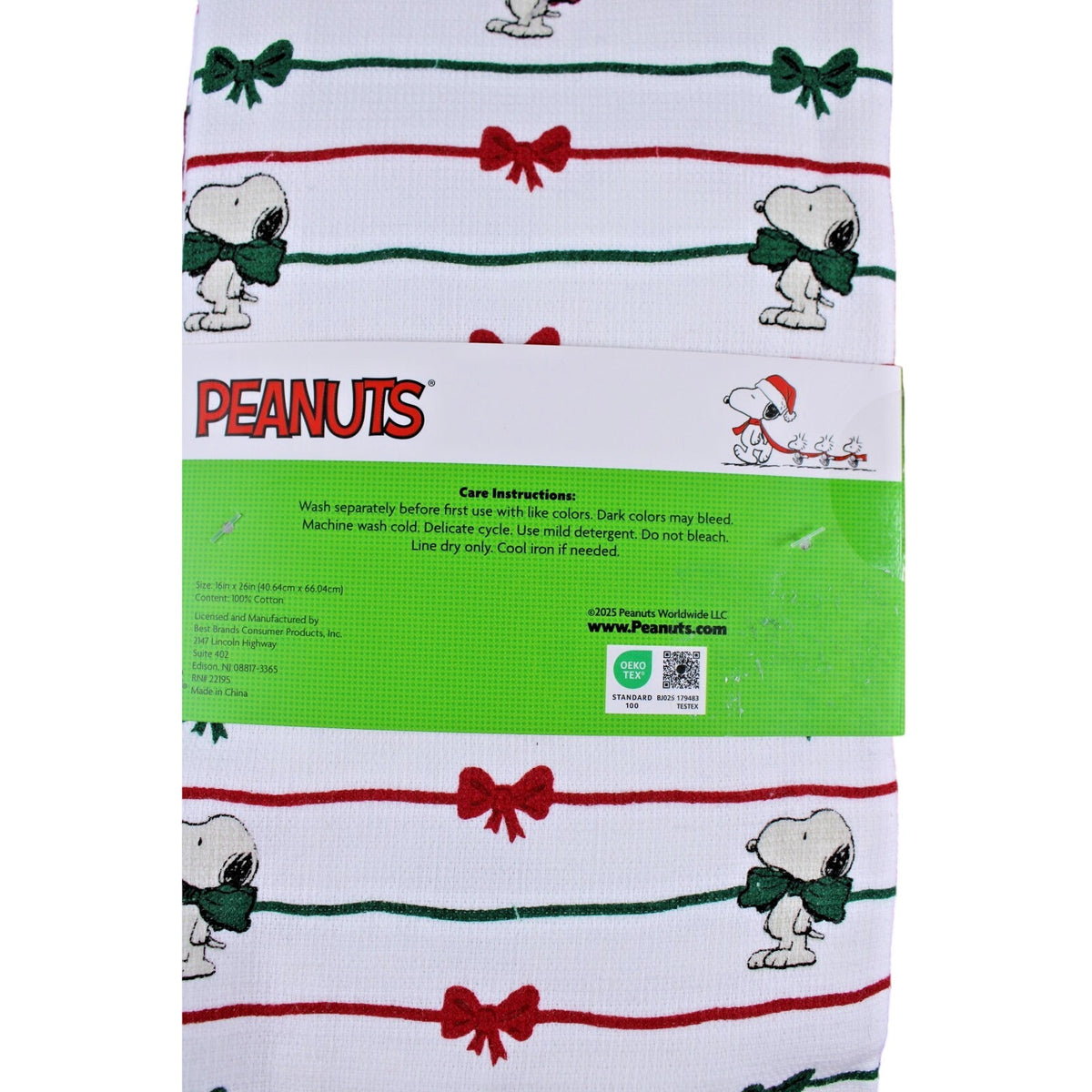 Peanuts Snoopy Red and Green Christmas Bows 3 pc Kitchen Towel Set 18x28 Cotton