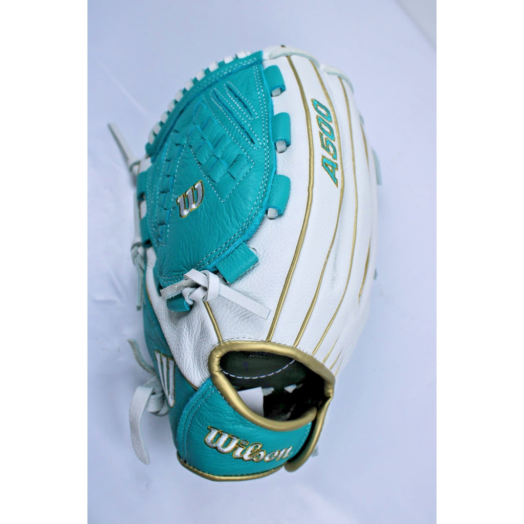 Wilson A500 Left Handed Throw 12.5” Baseball Glove White- Turquoise