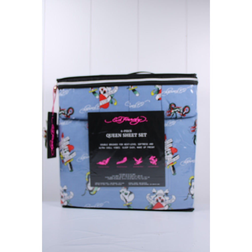 Ed Hardy QUEEN Sheet Set Blue Motorcycle Skull Love Kills Slowly Dagger 6 Piece