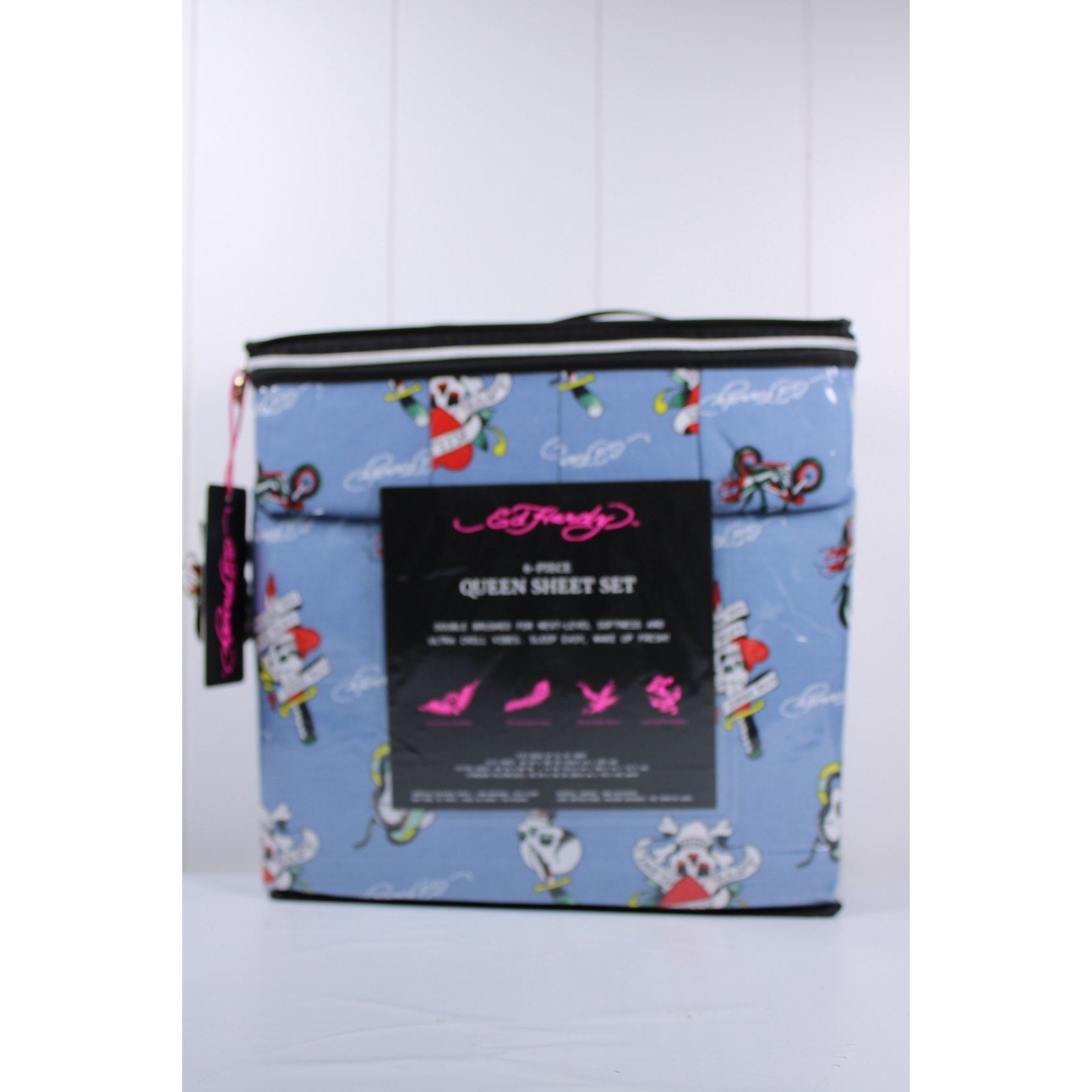 Ed Hardy QUEEN Sheet Set Blue Motorcycle Skull Love Kills Slowly Dagger 6 Piece