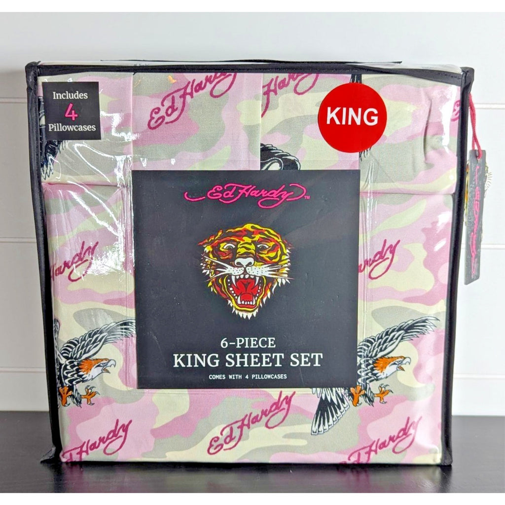Ed Hardy 6-pc King Sheet Set w/4 Pillowcases Eagle, Black Tiger - NEW