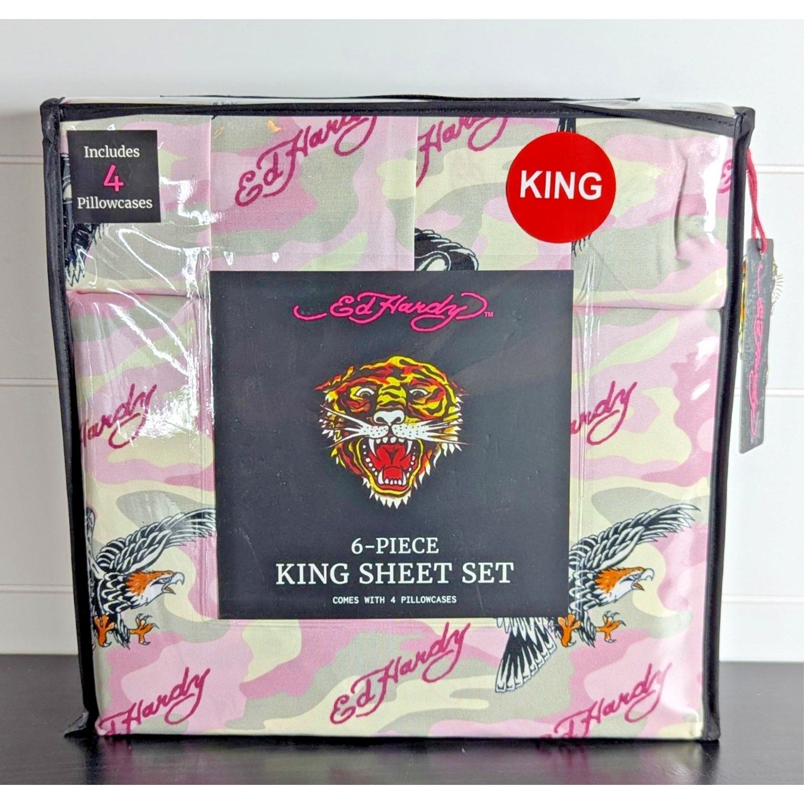 Ed Hardy 6-pc King Sheet Set w/4 Pillowcases Eagle, Black Tiger - NEW