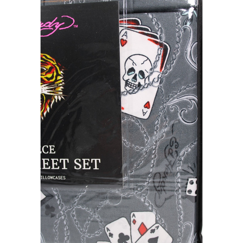 Ed Hardy 6 piece Queen Sheet Set Grey w/Cards &Tattoo Print with 4 Pillowcases