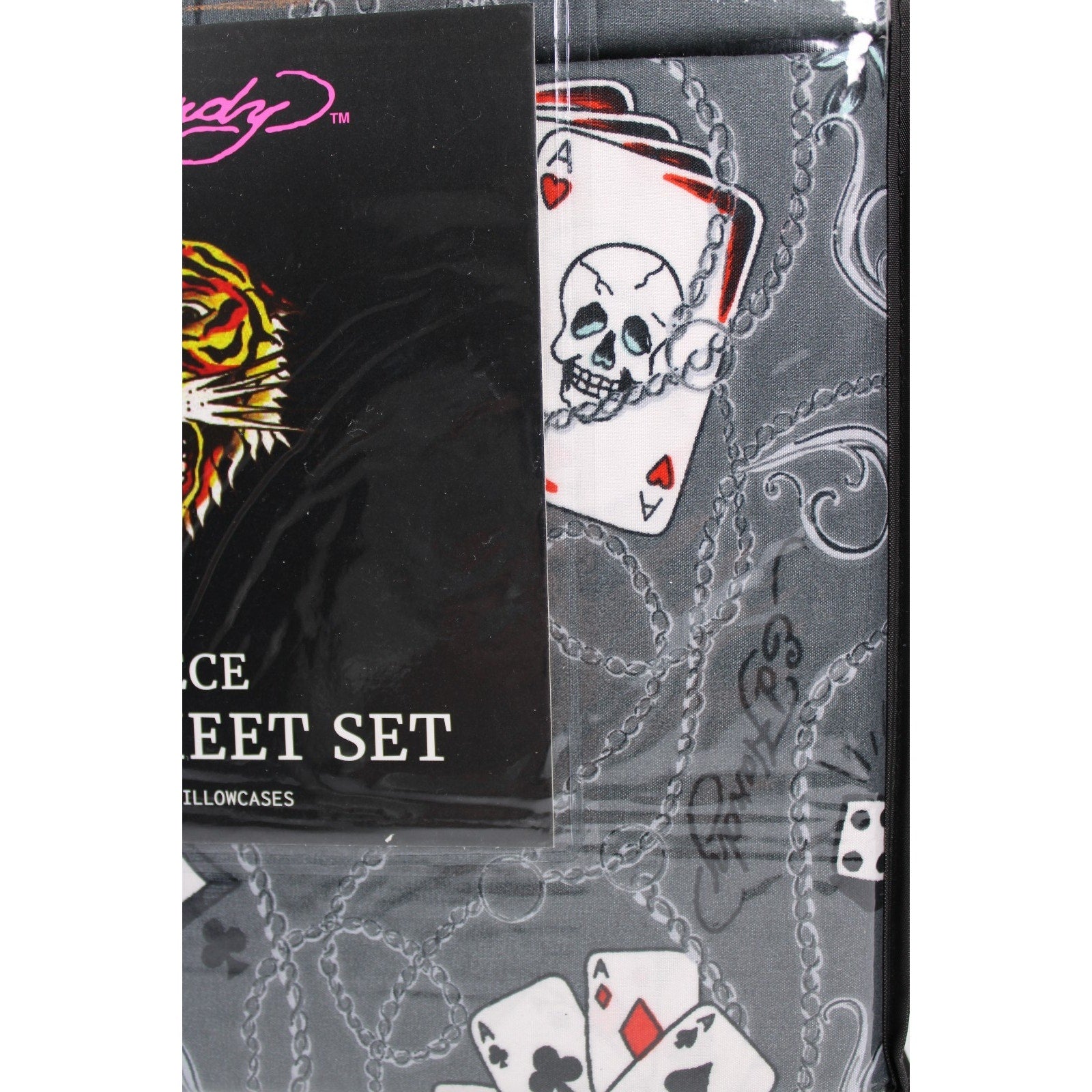 Ed Hardy 6 piece Queen Sheet Set Grey w/Cards &Tattoo Print with 4 Pillowcases